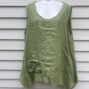 Linen Sleeveless Olive green tunic with an asymmetrical hemline. Size XL.